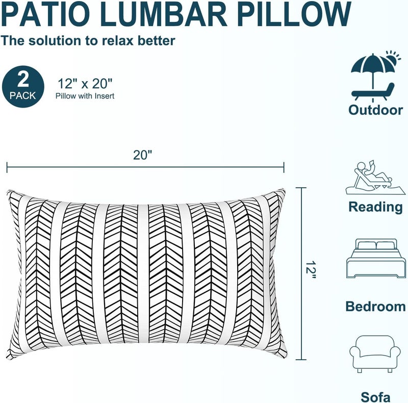 DYTXIII Pack of 2 Waterproof Outdoor Lumbar Pillow with Inserts, 12x20 in Rectangle Decorative Patio Throw Pillow for Home, Sofa,Bench and Patio Furniture, Herringbone Black White - Image 3